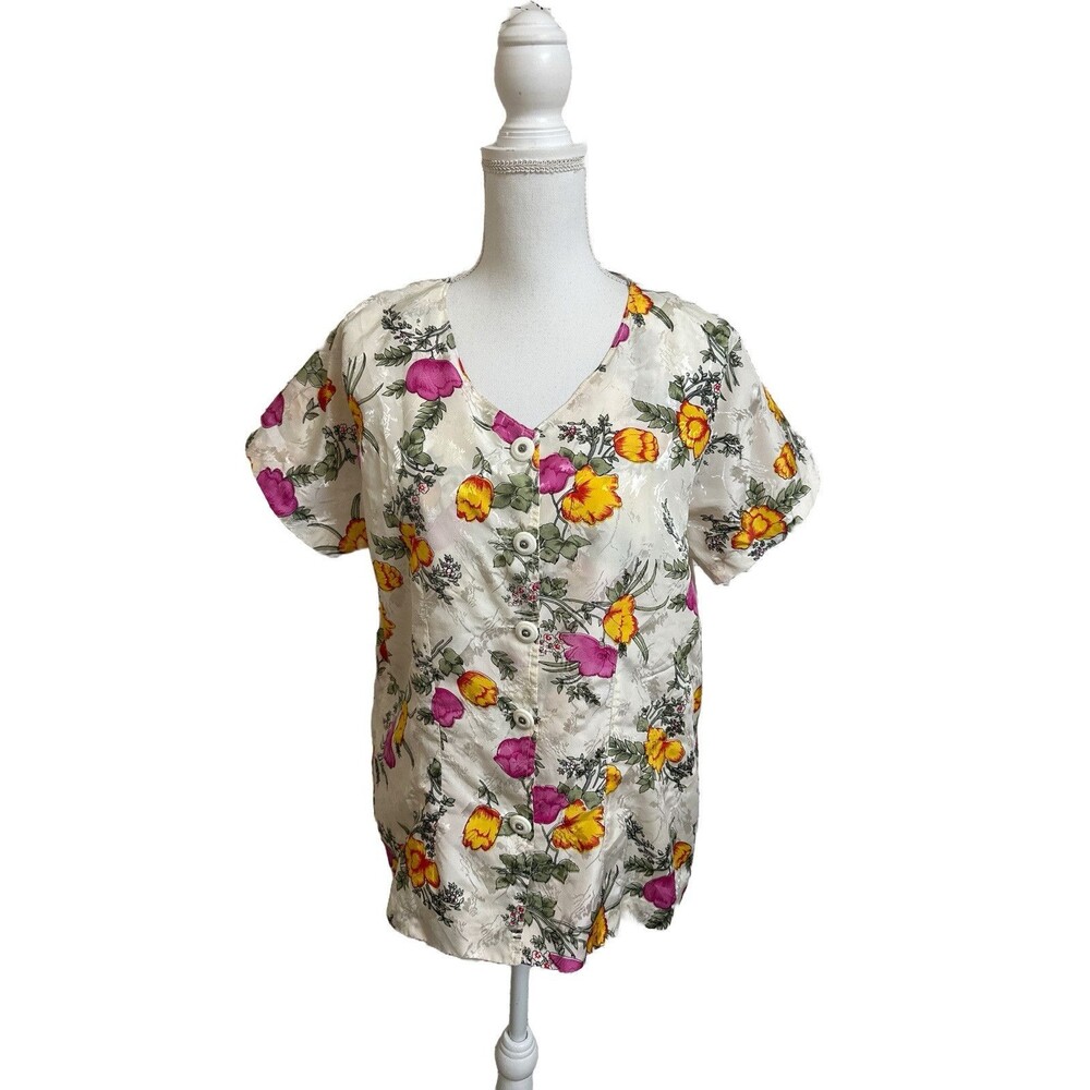 Handmade Vintage Womens L Floral Print Short Sleeve Button Down Shirt Top Blouse